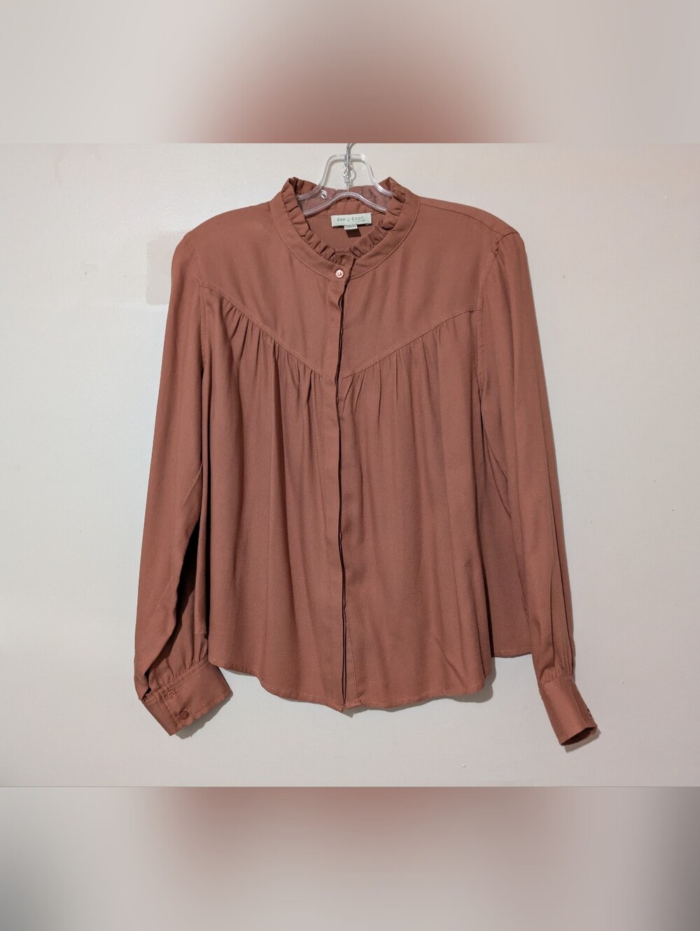 See U Soon Terracotta Ruffle Collar Long-Sleeve Blouse Size Small EUC